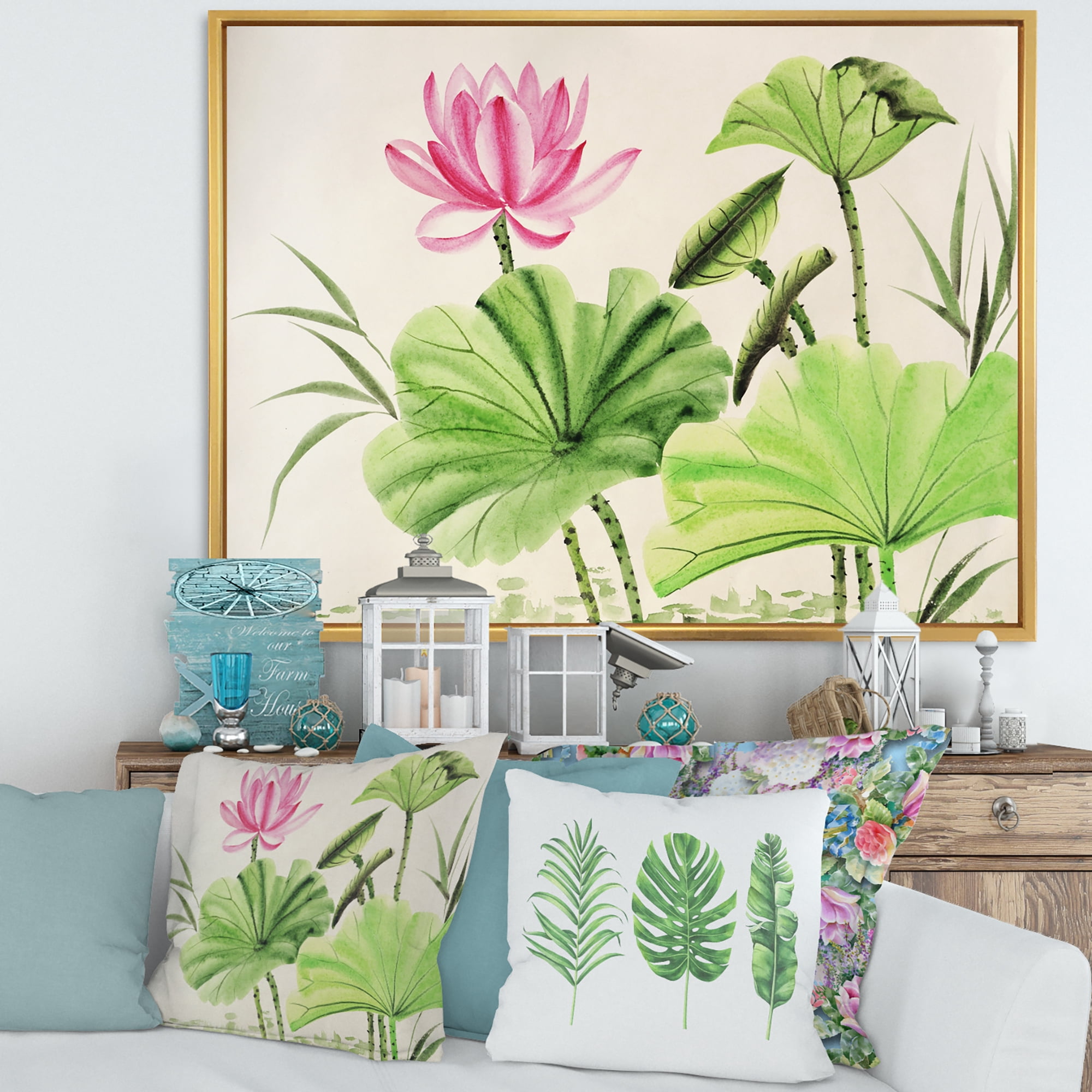 Designart 'Ancient Pink Lotuses In The Pond V' Traditional Framed Canvas Wall Art Print
