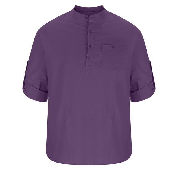 Hombres Casual Algodón sólido y lino Cuello alto Jersey Bolsillo Manga larga Camisa abotonada Pompotops oipoqjl52958