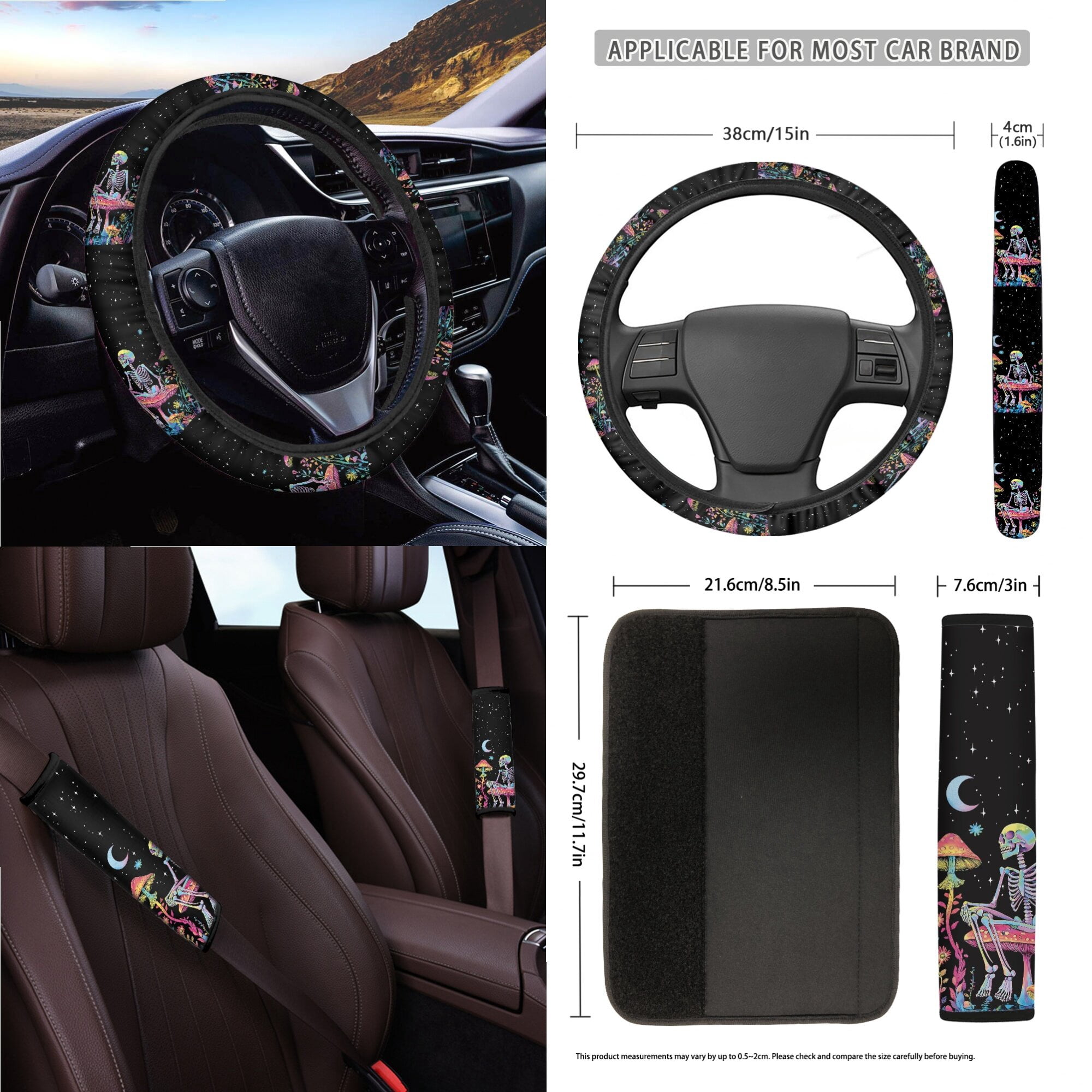 LedBack Skeleton Mushroom Print Auto Seat Covers Set Star Moon Print Front Back Seat Covers Steering Wheel Cover Seatbelt Pads Rearview Mirror Cover Trash Bag Universal Fit Most Cars
