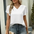 thumbnail image 3 of Women's Silk Satin T-Shirts V-Neck Ruffle Short Sleeve Solid Color Blouse Slim Fit Lightweight Summer Beach Vacation Shirts, 3 of 6