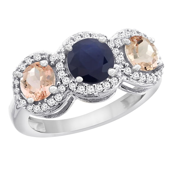 10K White Gold Natural High Quality Blue Sapphire & Morganite Sides Round 3-stone Ring Diamond Accents, size 5.5
