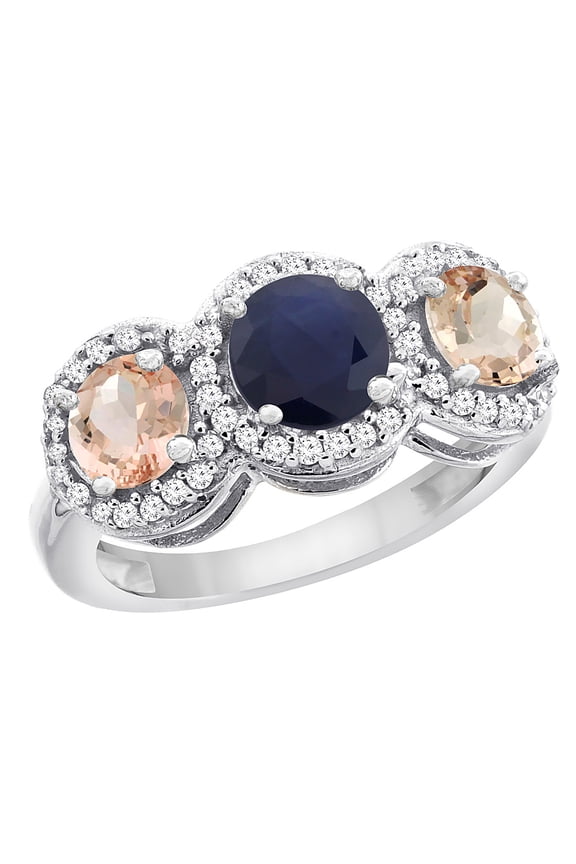 14K White Gold Natural High Quality Blue Sapphire & Morganite Sides Round 3-stone Ring Diamond Accents, size 5