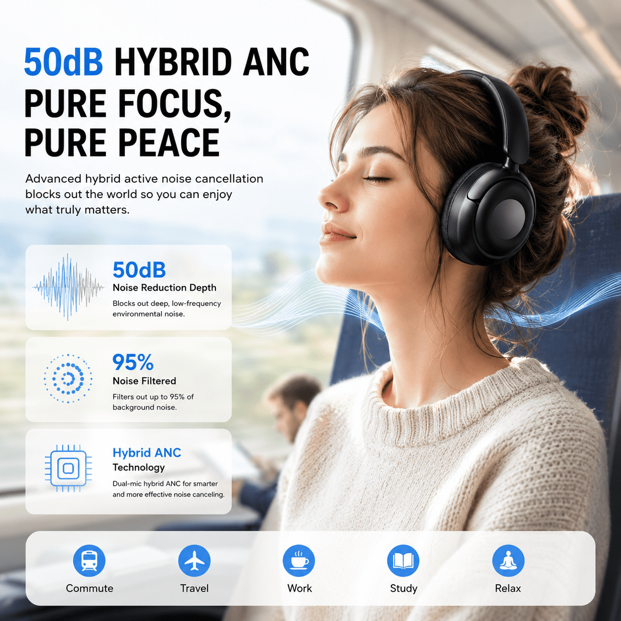 Hybrid Active Noise Cancelling Headphones, -50dB Bluetooth Headphones 5.4, 70H Playtime,Clear Call with 6 ENC Mic, Bass Boosted by 95%, Wireless Over Ear Headphones, for Travel Home Office thumbnail 4