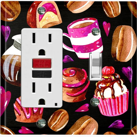 Metal Light Switch Wall Plate Outlet Cover (Coffee Mocha Candy Bean Toffee Swirl Cupcake Coffee Maker Black Pink Hearts - Single Rocker Single Toggle)