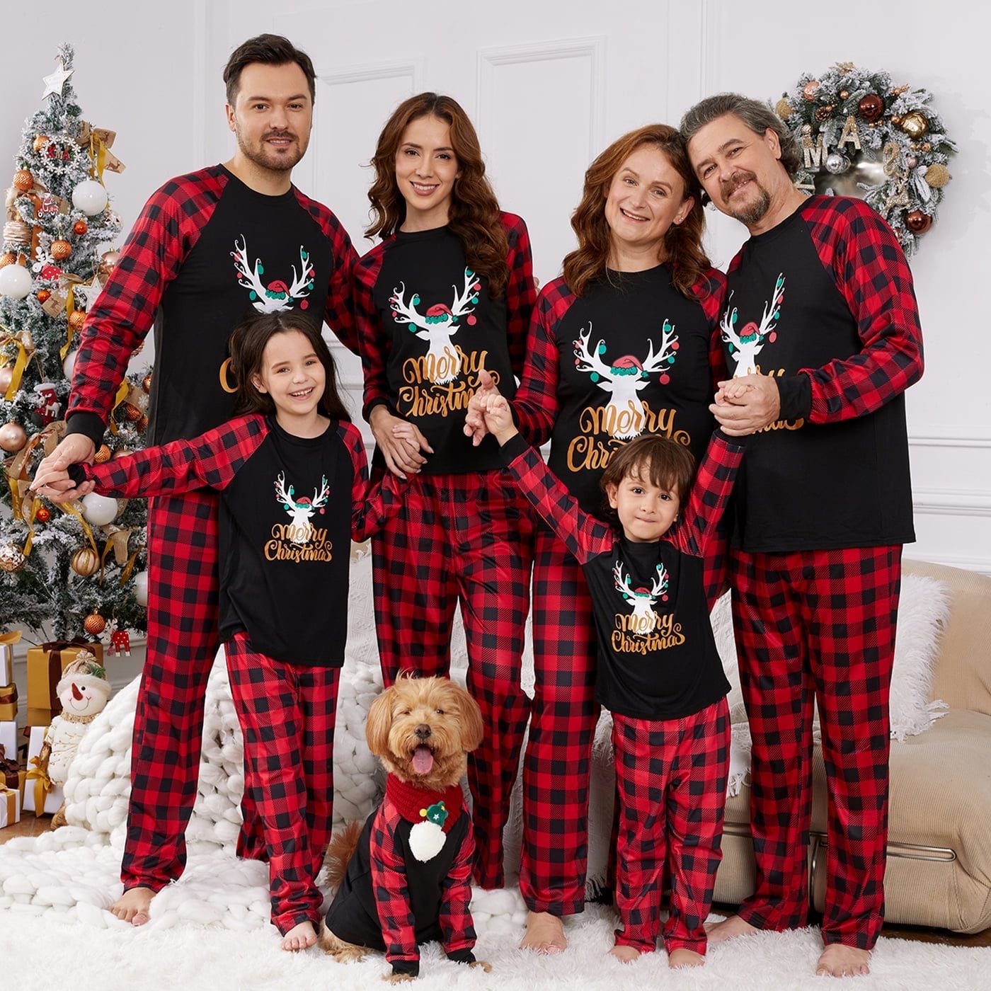 Pyjama Familial De Noël Assorti - Motif Cerf Et Père Noël à Carreaux, Manches Longues, Pour Toute La Famille - 6