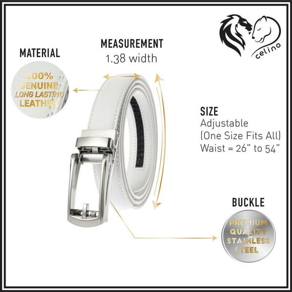 Celino Silver & White Adjustable Ratchet Slide Buckle 100% Genuine Leather Belt for Men, One Size Fits All, Made in Europe