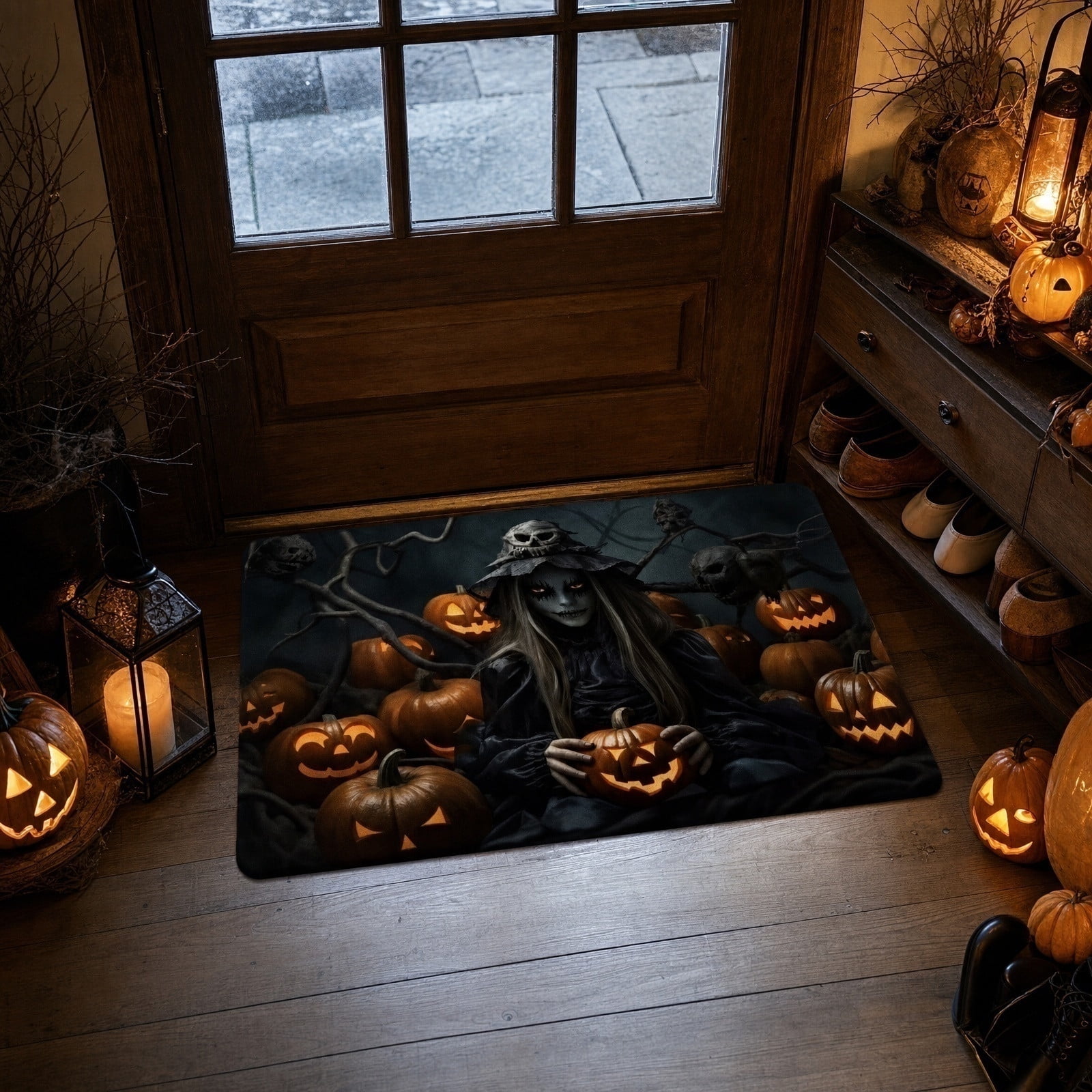Halloween Witch Doormat 32x20in Spooky Jack-O-Lantern Entryway Rug Absorbent Non-Slip Rubber Back Floor Mat Front Door Bathroom Kitchen Home Decor