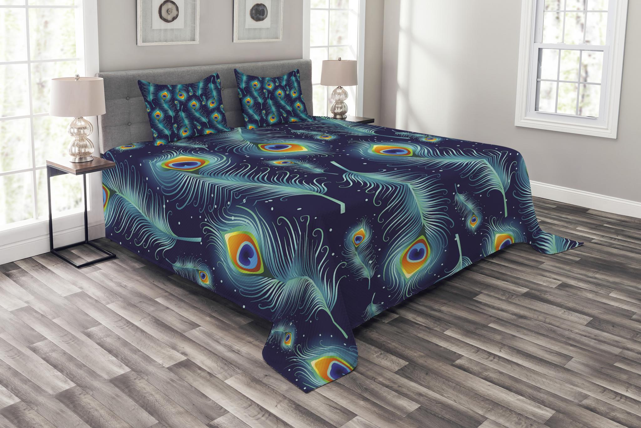 Peacock Bedspread Set Queen Size, Graphic Peacock Bird Feathers Artistic Background Designed