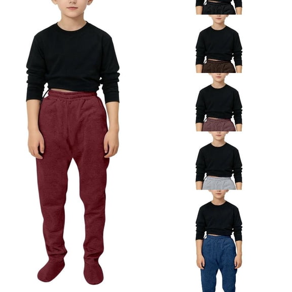 EYNMVR Boys Footed Sweatpants with Sherpa Fleece Lined Feet, Elastic Waist Soft and Warm Footing Pajamas Pants 5-6 Years