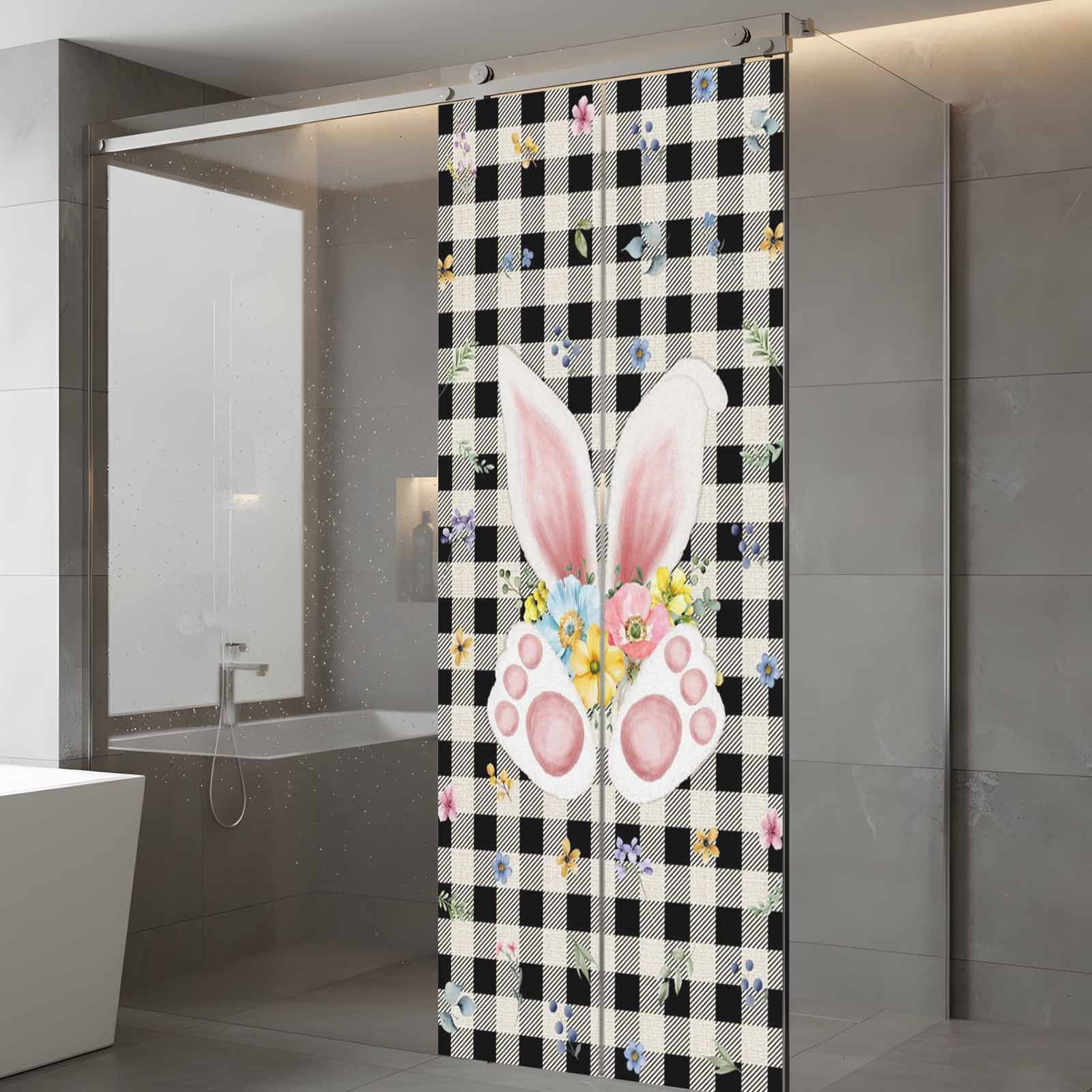 Easter Rabbit Window Privacy Film, Spring Bunny Ears Foot Floral Black White Plaid Frosted Glass Window Clings Static Cling UV Heat Blocking Reusable Door Sticker for Bathroom 23.6 x 59 Inch