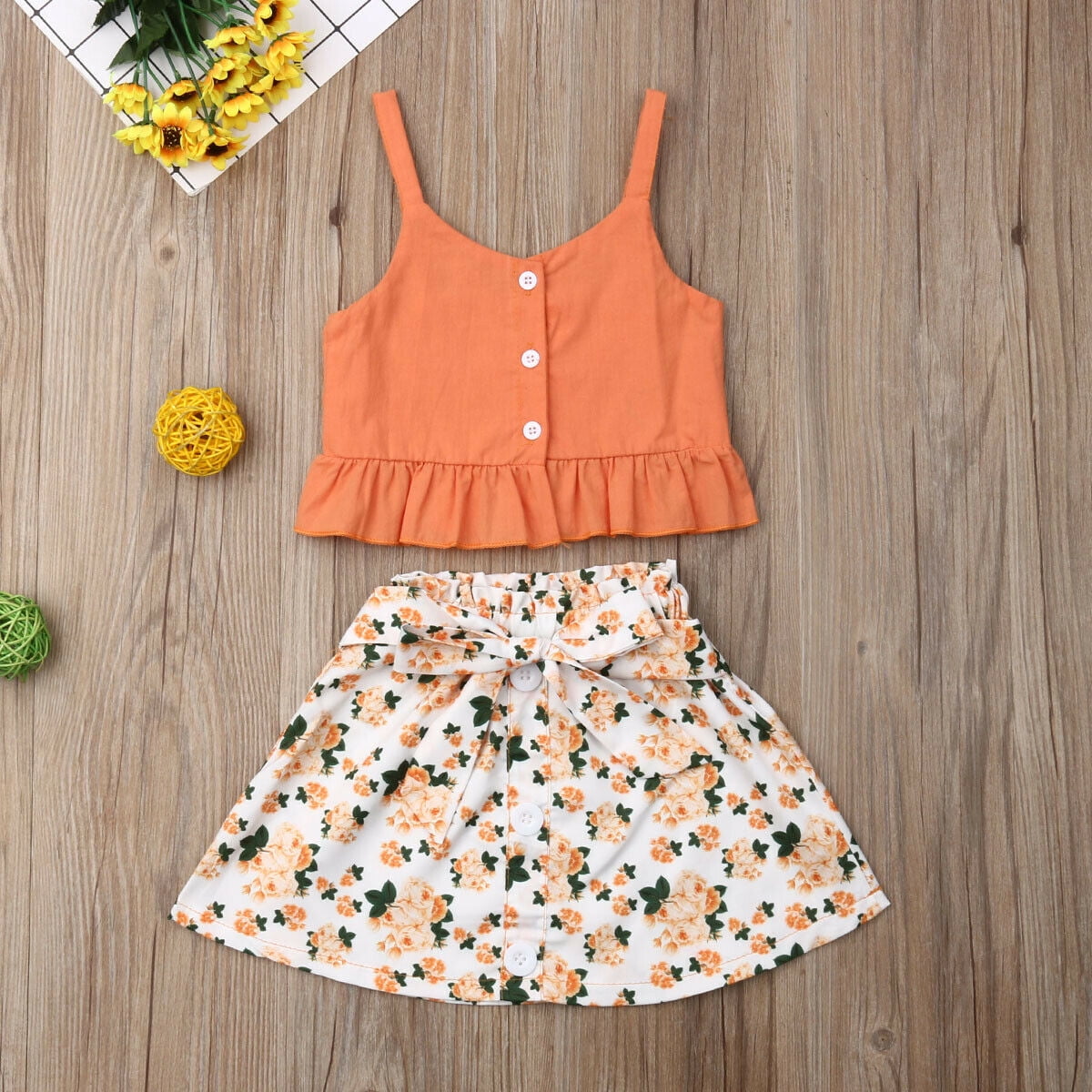 Floral Skirt Set Kids Clothes Outfits New!2pcs Baby Girls Dress Yellow T-shirt 