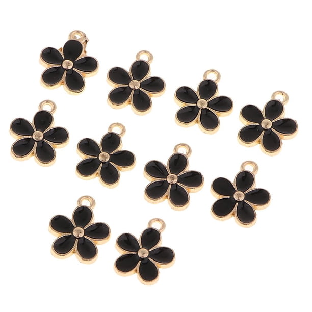 10 colgantes de esmalte con forma de flor dorada para bisutería (12 x 15 mm, morado) Negro