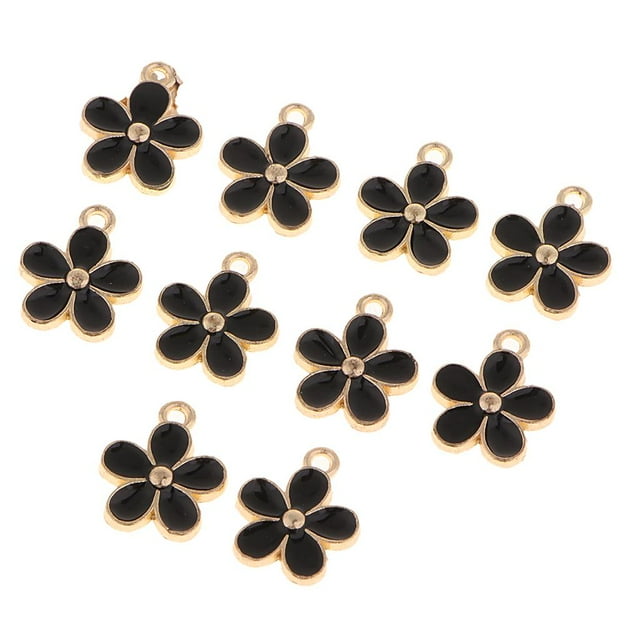 KLKCMS 10Pcs Enamel Flower Charms Pendants for Jewelry Making Bracelets DIY Black