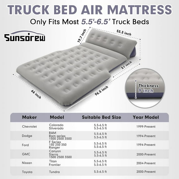 2025 Upgraded T*ruck Air Bed Mattress for 5.5-6.5Ft Full-Size Inflatable Mattress with Built-in Pillow - Blue