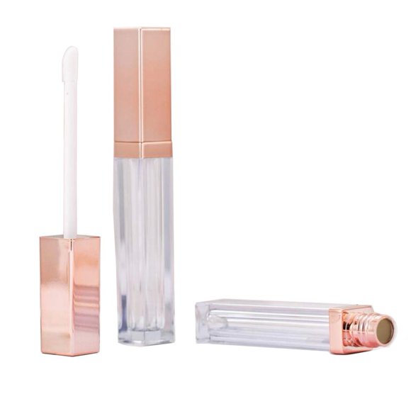 NATUWORLD 6 recipientes vacíos de tubos de brillo de labios de 0.2 fl oz con aplicador de cepillo y tapa de oro rosa, botella de bálsamo labial, contenedores para muestras de lápiz labial DIY, aceite