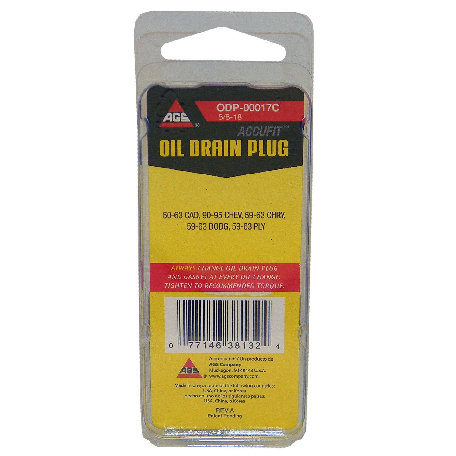 AGS ODP-00017C Accufit Oil Drain Plug 5/8-18, Card