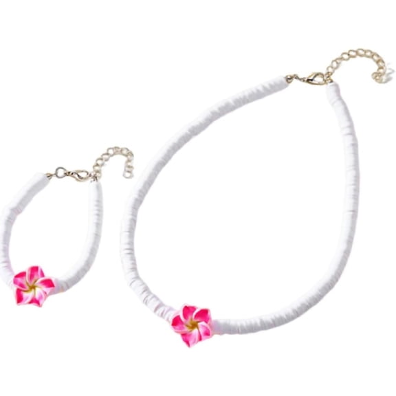 Zephyriana Hawaiian Plumeria Shell Choker Necklace Bracelet Jewelry Set Bohemian Handmade Flower Adjustable Rope Summer Beach Necklaces Holiday Vacation Party Jewelry Gift for Women