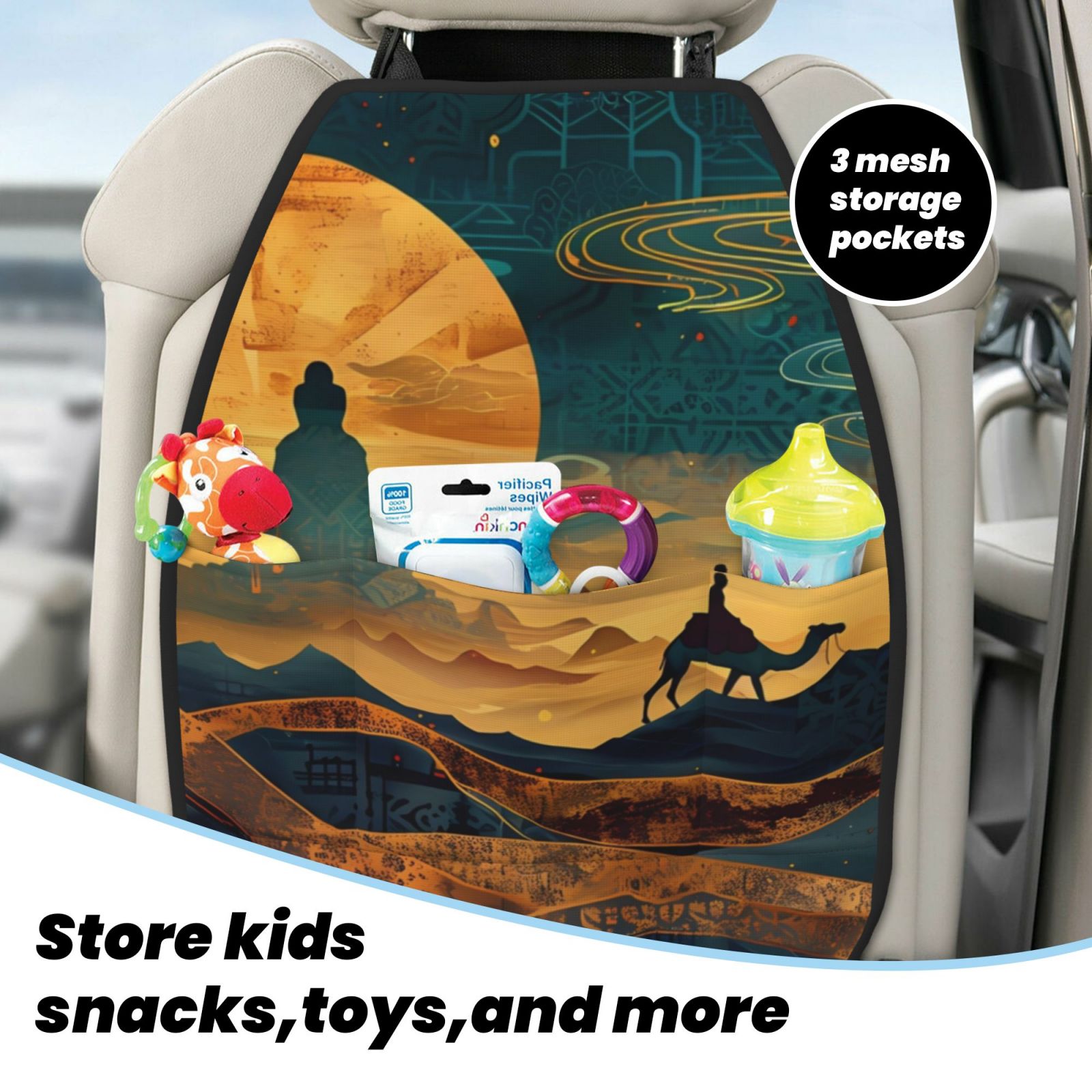 Xecao Sunset Desert Journey Pattern Car Seat Back Protector 2 Pack Large Capacity Pocket, Kick Mats Back Seat Protector