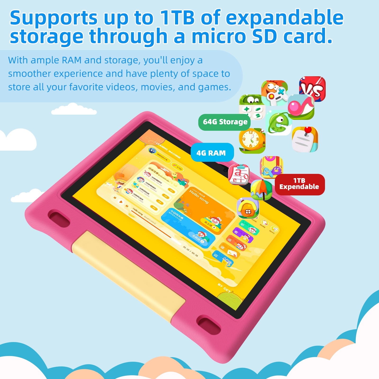 Kids Tablet, 10.1 inch IPS HD Touchscreen Android 14 64 GB Storage, 8GB RAM, Octa Core Tablet for Kid with Kid-Proof Case, Parental Controls, 12-hr Battery, WiFi, GPS – Pink