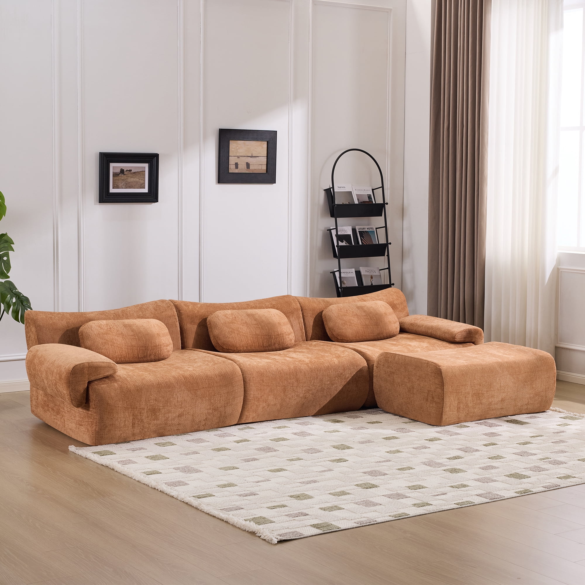 Gewnee 107.9"Modular Sectional Sofa,Upholstered Cloud Couch with Deep Seat & Ottoman,L-Shaped Chenille Sofa for Living Room.Orange