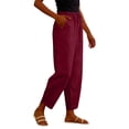 thumbnail image 3 of TZZQ Linen Capris Pants for Women Petite Beach Pants Straight Wide Leg Casual Drawstring Elastic Waist Cropped Trousers with Pockets Loose Comfy Summer Tulip-Hem Ankle Length Trousers Wine M, 3 of 9