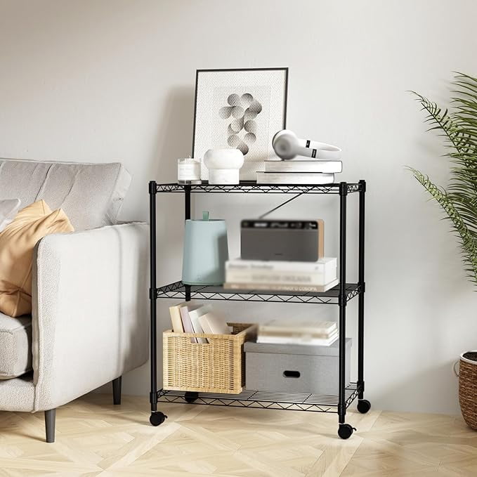 3-Shelf Wire Storage Shelves with Wheels,Adjustable Storage Units,Steel Organizer Wire Rack,Black