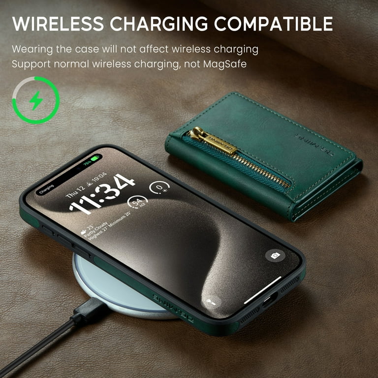 SaniMore for iPhone 15 Pro Max Case Retro PU Leather Skin Detachable Magnetic Zipper Purse RFID Blocking Card Slots Wireless Charging Flip Kickstand