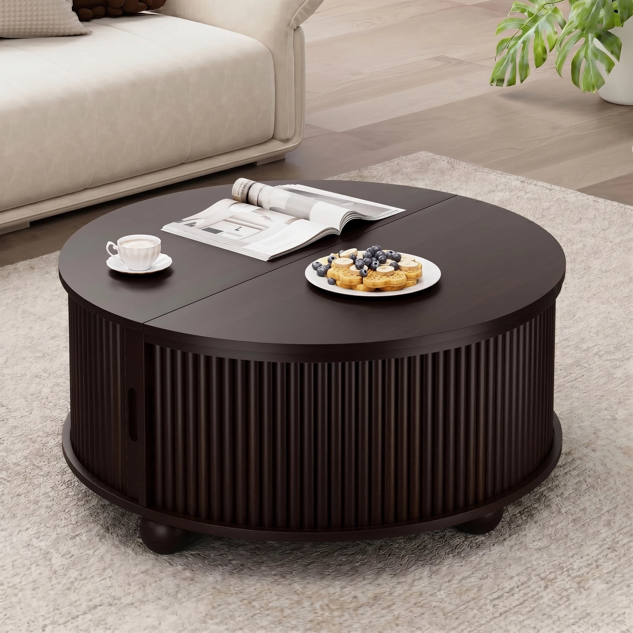 AISWORD 31.5" Fluted Round Coffee Table with Storage, Mid Century Modern Lift Top Drum Accent Table for Living Room Small Space, Brown