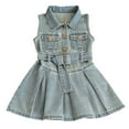 thumbnail image 2 of Huowey Toddler Kids Girls Summer Vintage Denim Dresses Sleeveless Solid Colro Stand Collar Button Down Front Pockets With Belt Pleated Jean Dress Washed Comfortable Clothes,Blue,18-24 Months, 2 of 8
