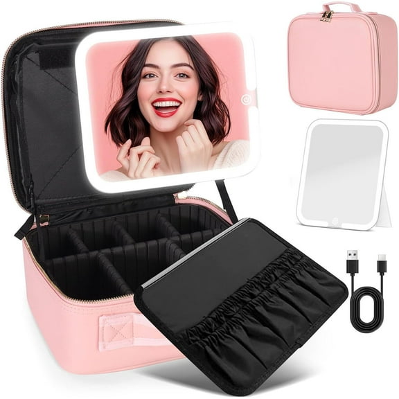 TOPCHANCES Waterproof Makeup Bag, Travel Cosmetic Organizer Bag, Makeup Case with Adjustable Brightness LED Mirror & Adjustable Dividers (Pink)