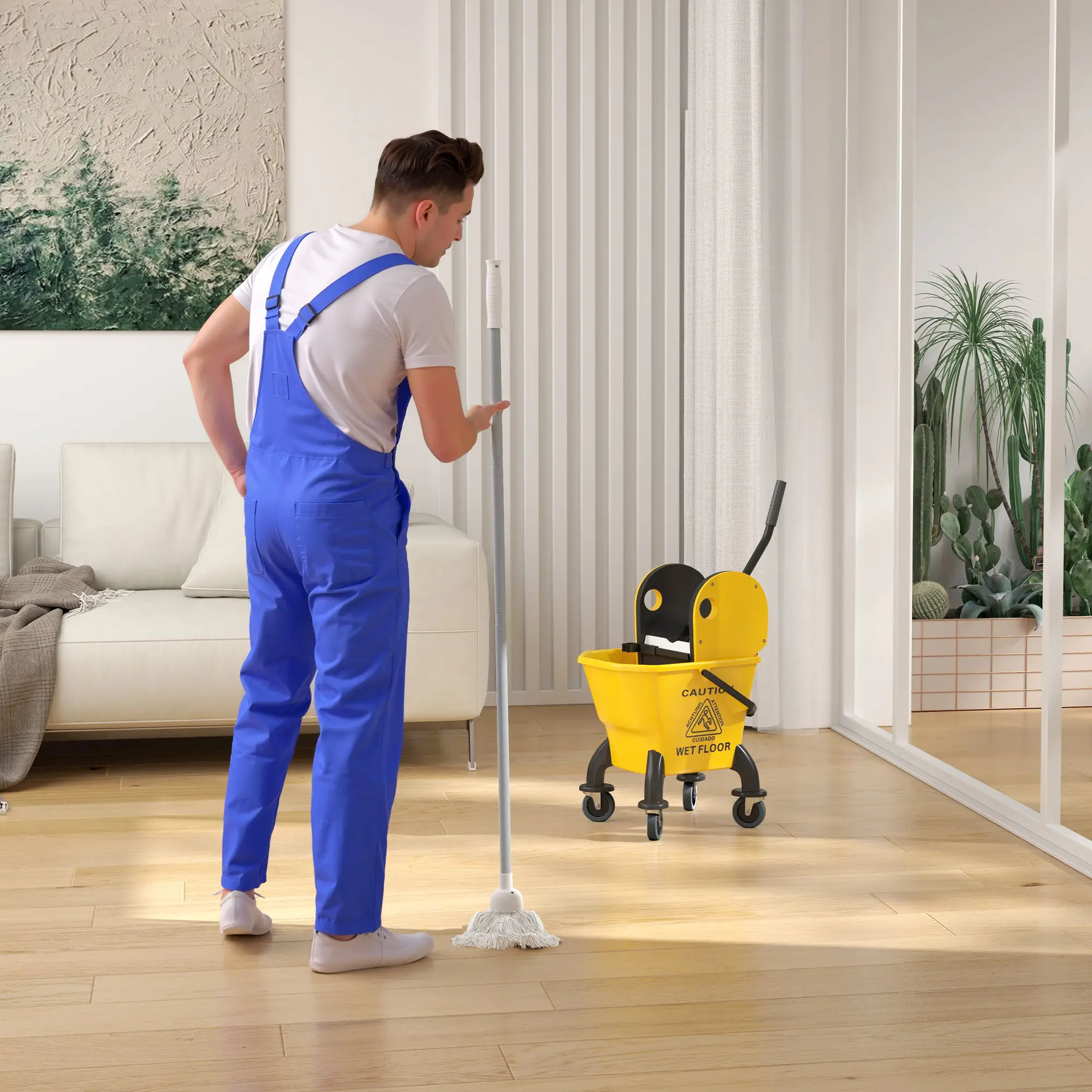 Mop Bucket with Wringer on Wheels for Floor Cleaning, 27.5 Quart Down Press Wringer with Handle & Mop – Black