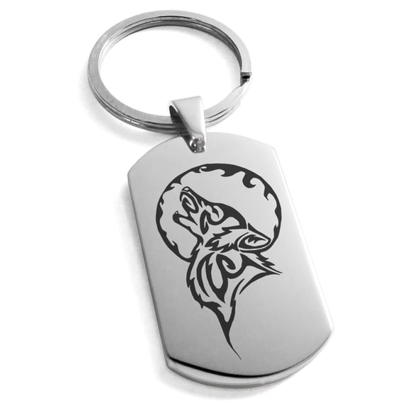 Stainless Steel Howling Mad Wolf Engraved Dog Tag Keychain Keyring