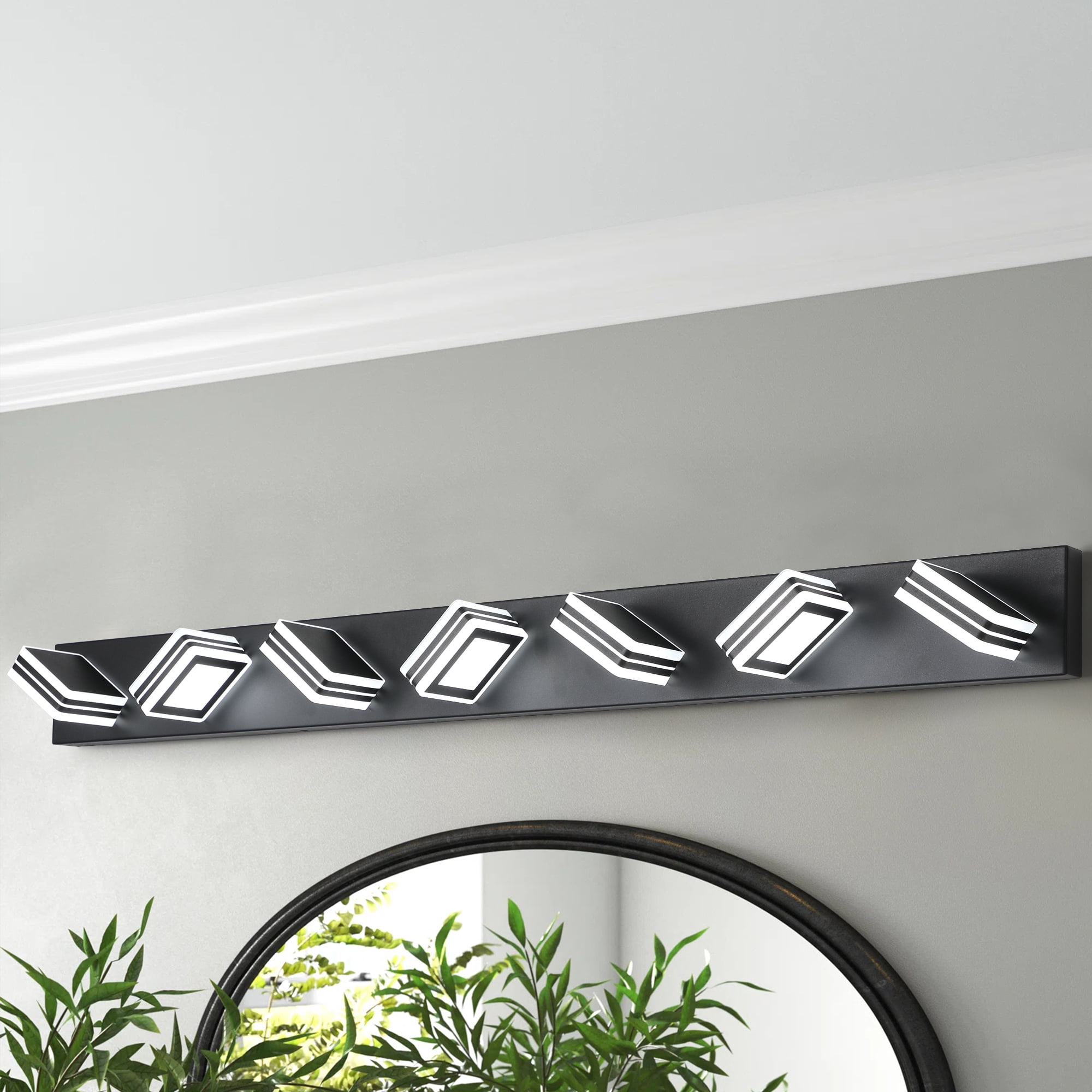 45" Modern Black 7-Light LED Vanity Light, Square Acrylic Lampshade Wall Mount Fixture for Bathroom Mirror Lighting with 180° Rotatable Heads, Energy Saving 50000Hrs