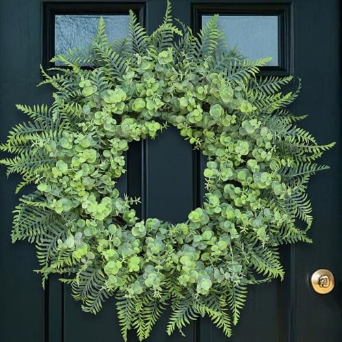26'' Eucalyptus and Boston Ferns Wreath for Front Door - Large Artificial Greenery Outdoor Wreath for Porch,Window,Farmhouse,Home,Hanging Decor- Spring, Summer, All Seasons (Gray-Green)