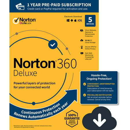 NORTON 360 DELUXE, 1-Year Subscription, 5 DEVICE, PC, MAC [Digital (Best Antivirus For Windows)