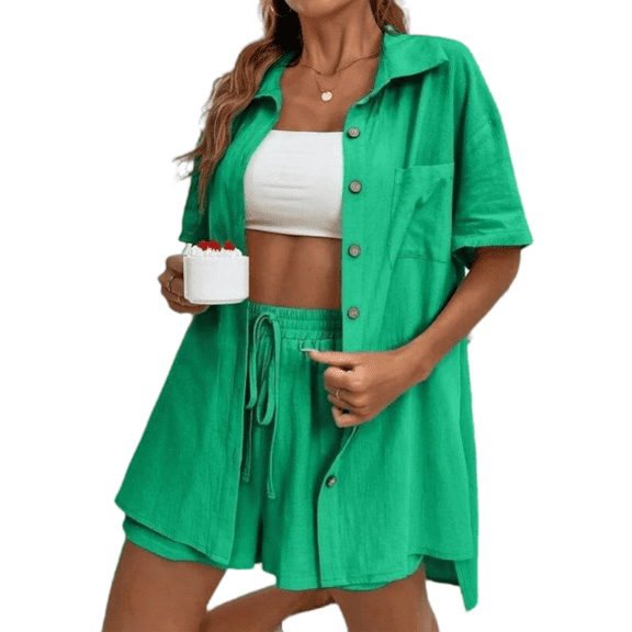 LYMAYTER Women's Summer 2 Piece Breathable Button-Up Shirt & Functional Pocket Shorts Tracksuit Outfit