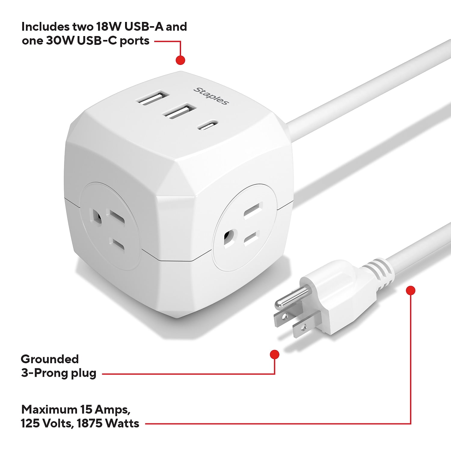 Staples TECH 5' Extension Cord 3-Outlet 14 AWG White (ST62348)
