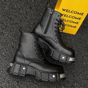 Mens Black Platform Combat Boots - Gothic Ankle Booties with Lug Sole, Lace-Up & Side Zip
