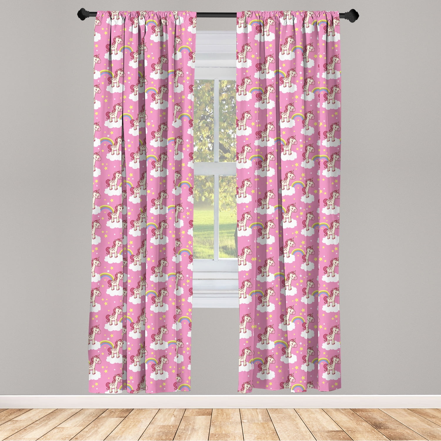 Nursery Curtains 2 Panels Set, Unicorns Standing on Clouds with Rainbows and Stars on a Pink