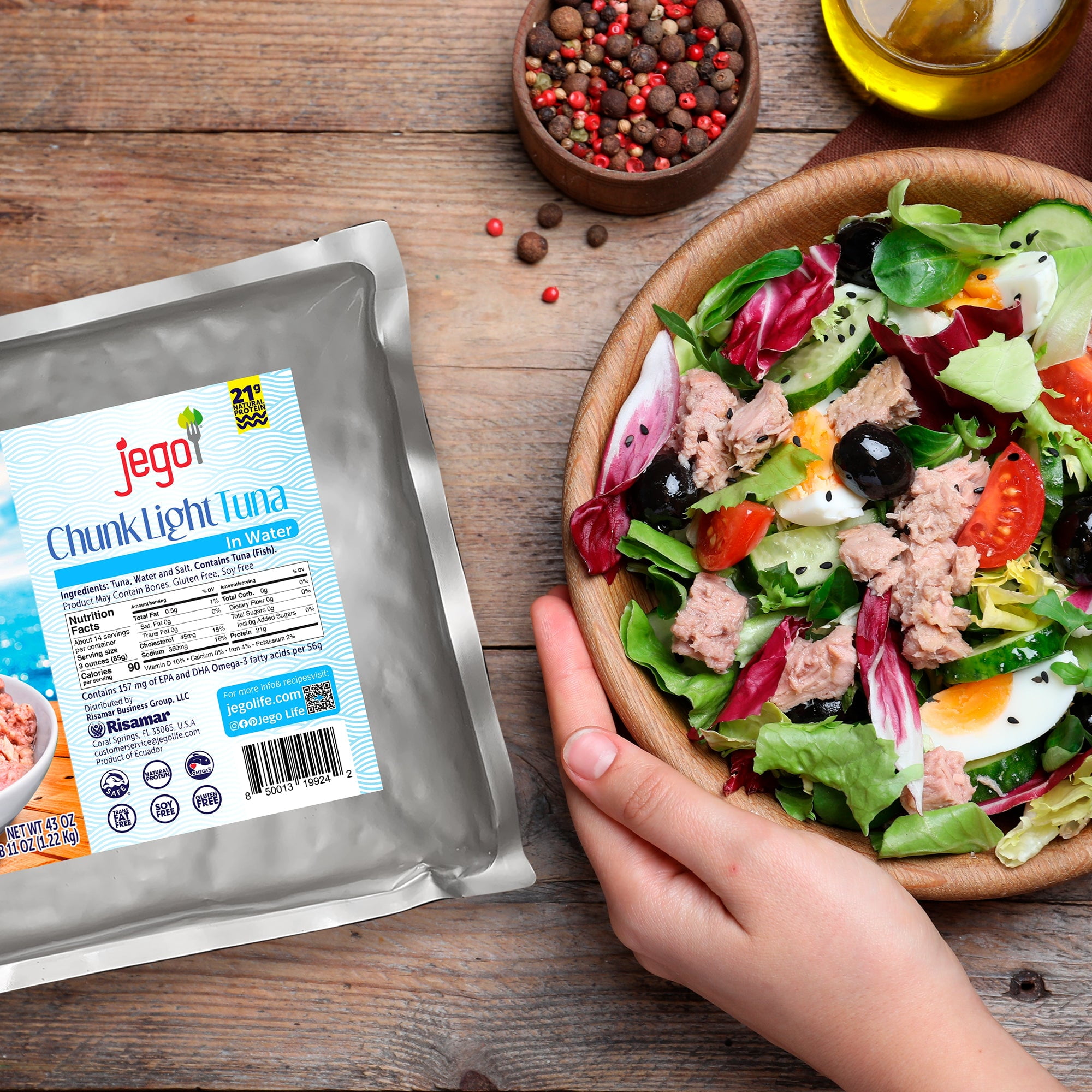 Jego Chunk Light Tuna in Water | Wild Natural Catch Tuna | Keto | Low Carb | Gluten Free | Soy Free | Ready to eat | 43oz Pouch