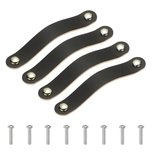 Uxcell Leather Drawer Pull, Leather Handle Double Hole Cabinet Dresser Knobs with Screw, Black 4 Pcs