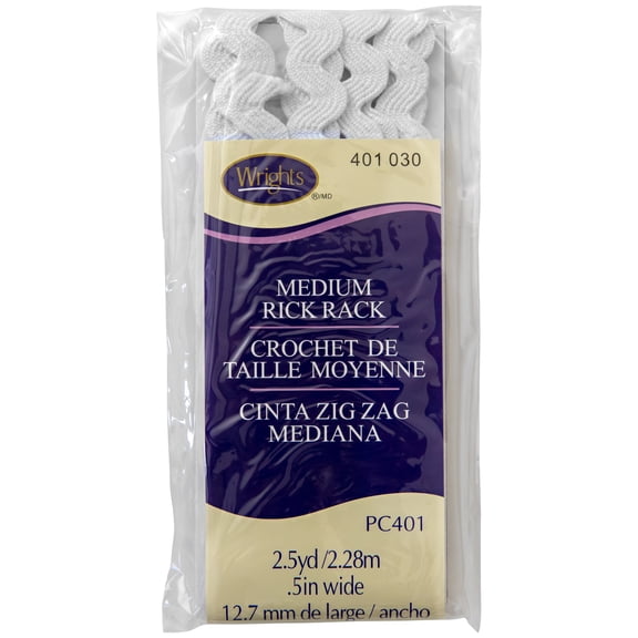 Wrights Rick Rack, White, 1/2" Medium Braided Rick Rack 2.5 Yards Sewing Trim