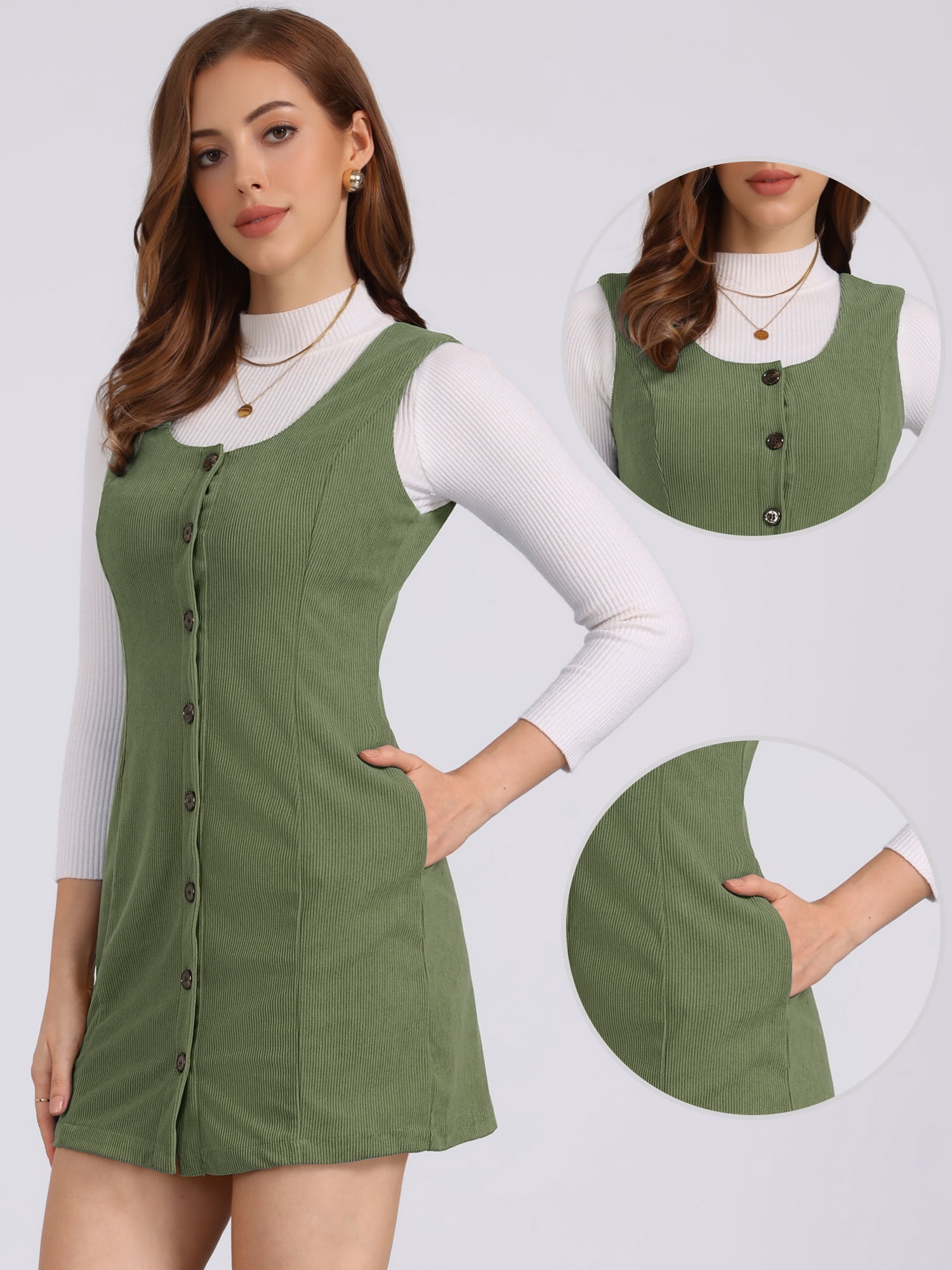 DARING DIVA Women's Stylish Corduroy Overall Scoop Neck Sleeveless Dress L Army Green