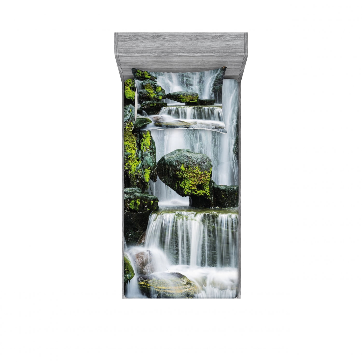 Waterfall Bedding Set With Sheet Covers Majestic River Blocked Massive Rocks Moss On Them Photo Printed Bedroom Decor 2 Shams 4 Sizes Green Black And White By Ambesonne Walmart Com Walmart Com