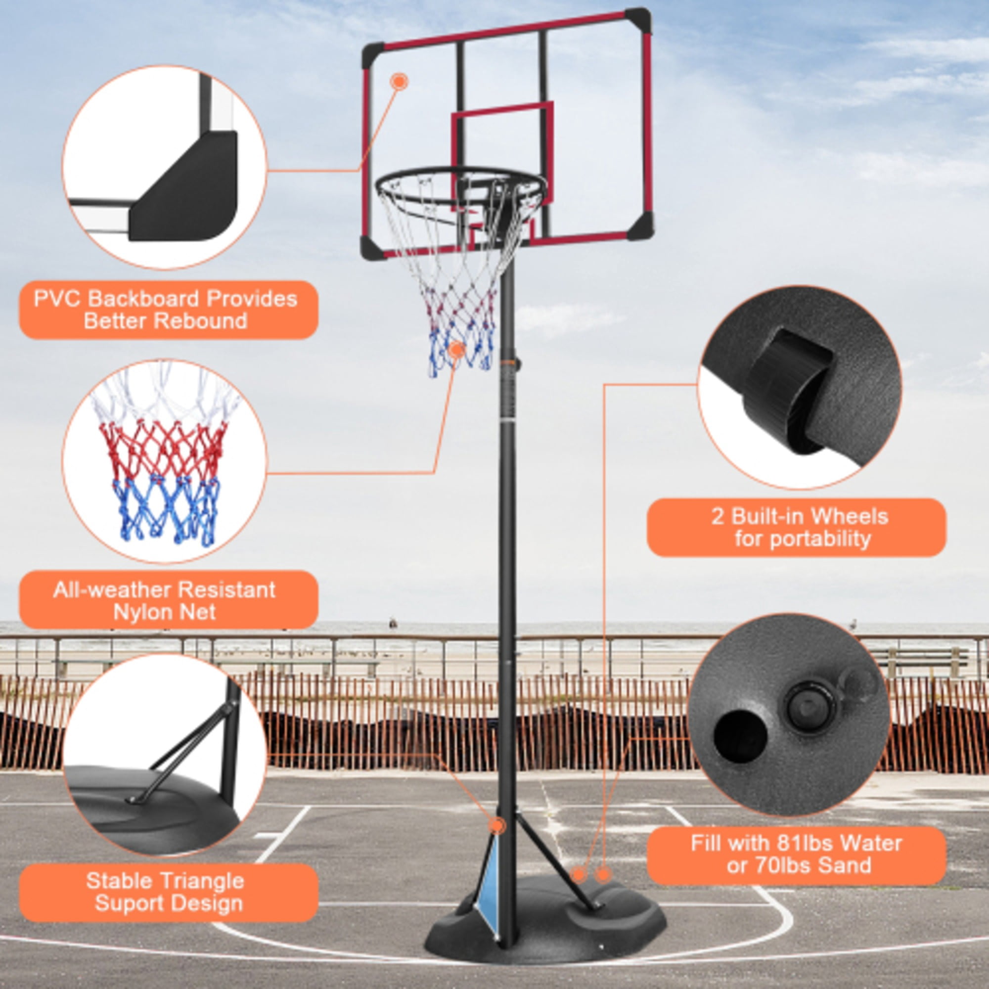 Portable Basketball Hoop Stand, Height Adjustable 7.5ft-9.2ft with 32 Inch Backboard and Wheels for Adults Basketball Goal Red