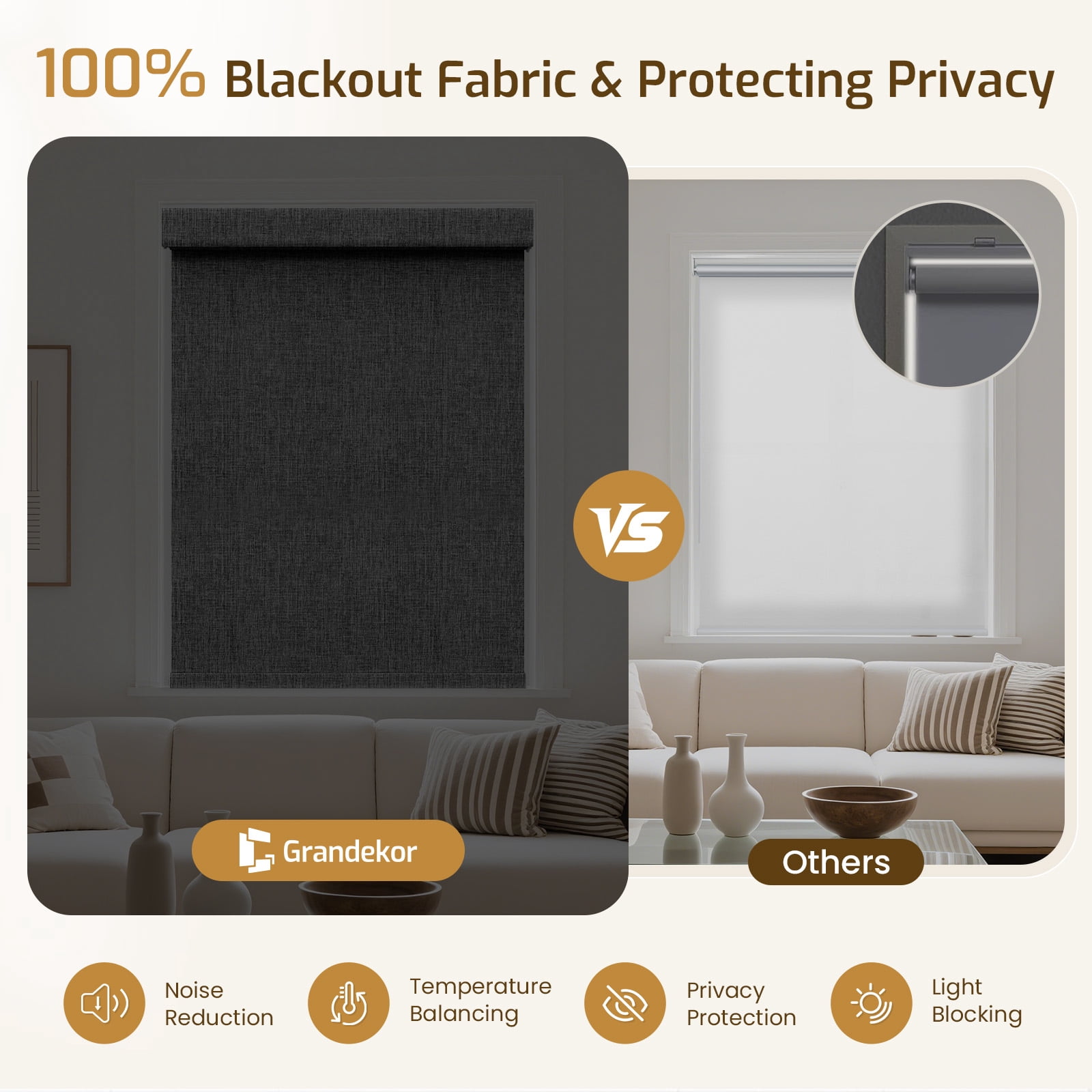Grandekor No Drill No Tools Blackout Roller Shades - 58"x72" Hemp-Dark Gray | Free-Stop Cordless Blinds with UV Protection | Custom Fit for Home, Bedroom, Office, Living Room