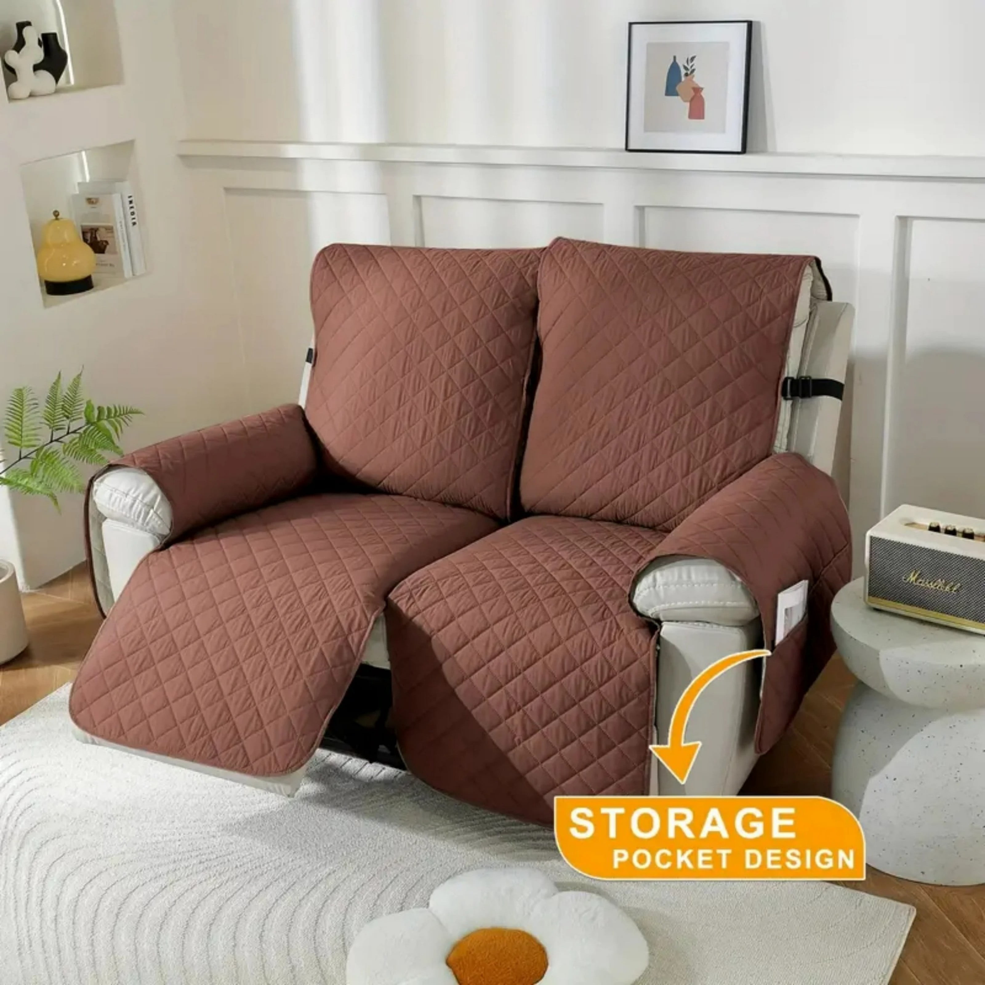 Lavish Cover 100% Waterproof Recliner Loveseat Cover, 2 Pieces Non-Slip Recliner Couch Slipcovers, Washable Furniture Protector with Pockets & Elastic Straps for Kids Pets, 2 Seaters, Beige