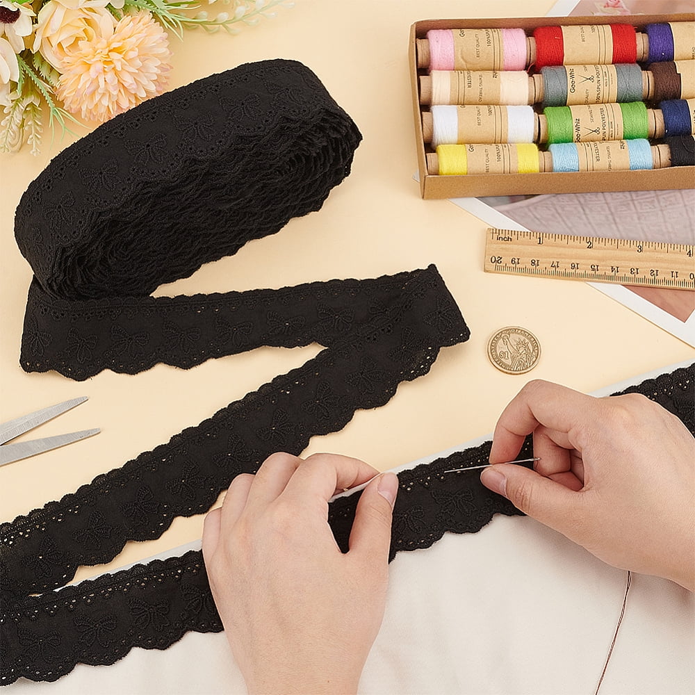 15 Yards Cotton Embroidery Bowknot Lace Ribbons Black 1-5/8 inch(40mm)