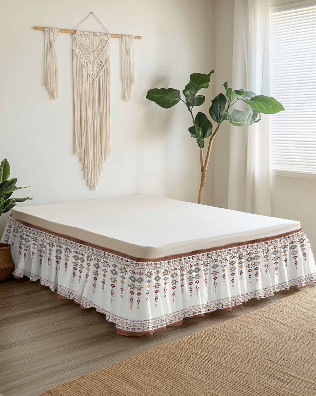 Vintage Southwest Bed Skirt Wood Grain Boho Geometric Tribal Style Bed Skirts Queen Size 16 Inch Drop, Wrap Around Dust Ruffle&nbsp;Bedskirt with Adjustable Elastic Belt for Queen Size Beds