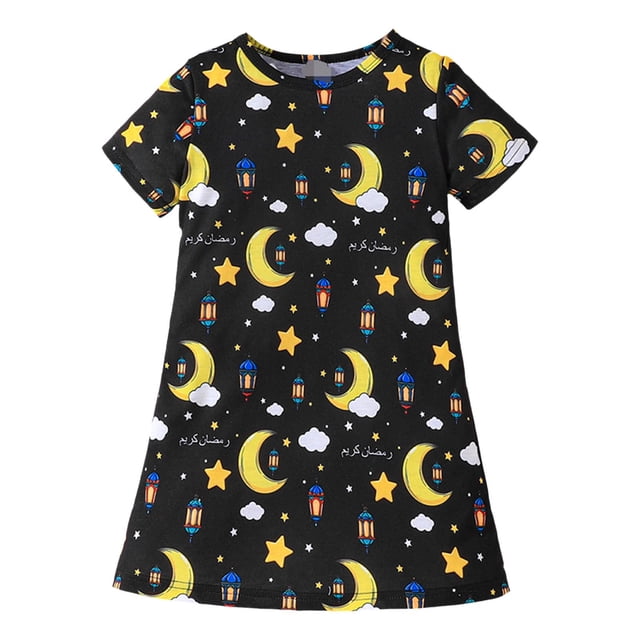 Robes pour Filles Tout-Petits Printemps Été Étoile Manches Courtes Imprimé Chandail Chemises de Nuit Robe Robe Fille Taille 3-4T